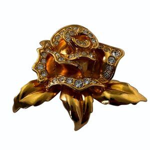 Vintage Avon Rose Passion Clear Rhinestone Gold Tone Flower Pin Brooch